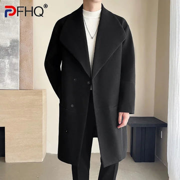 PFHQ Wind Winter Cotton Medium Long Woolen Coat Korean Fashion Windbreaker 2024 Solid Color Casual Male Tops 21Z6554