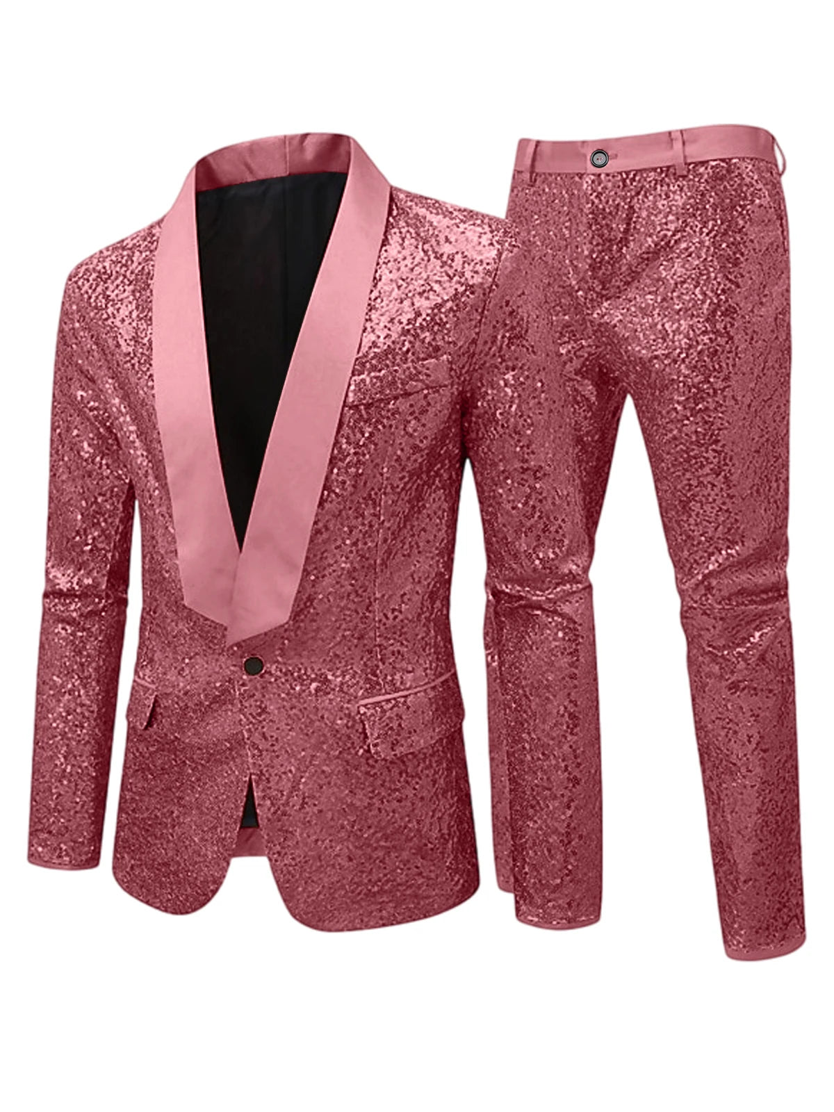 Men's Sequin Tuxedo Suit Set Shiny One Button Satin Patchwork Shawl Lapel Slim Fit 2 Piece Blazer Pants For Wedding Party Prom