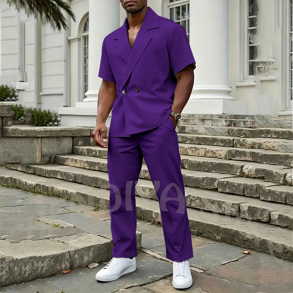 Stylish Men's 2 Piece Sets Notch Lapel Double Button Short Sleeves Blazer Suit Straight Fit Summer Casual Fashion Outfit