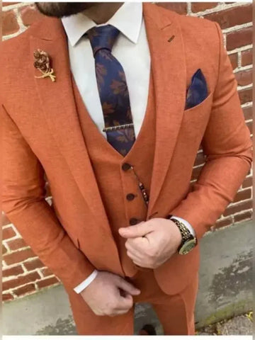 3Pc Orange Red Notch Lapel Men Suit Costume Homme Groom Wedding Tuxedo Prom Masculino Slim Fit Blazer Trousers Jacket Pants Vest