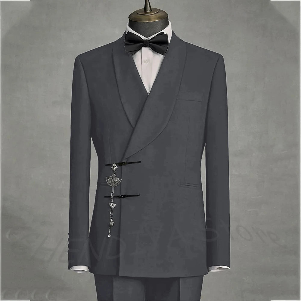 Solid Black Men's Suits Slim Fit Double Button Business Pants Suit Tailored Prom Party Wedding 2 Piece Jacket With Pants