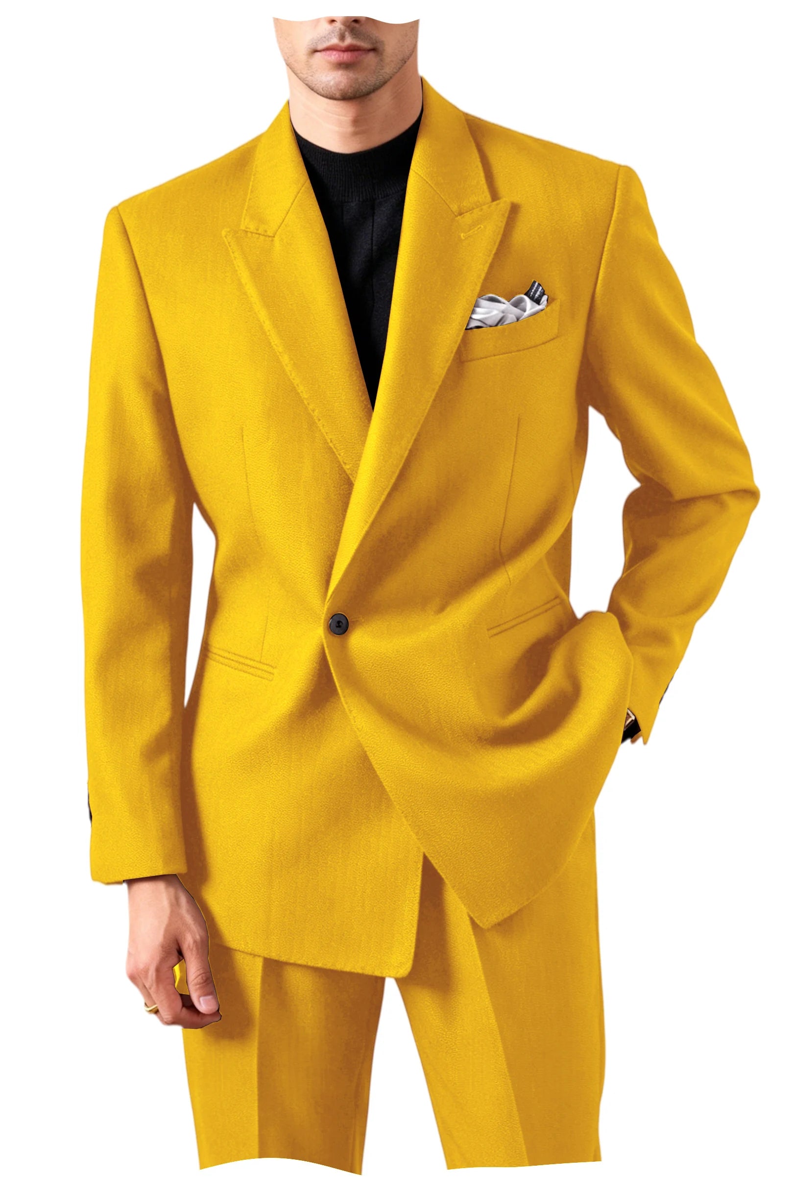 Men's Serge Suit Set Jacket Premium One Button Peak Lapel Slim Fit Tuxedo 2 Piece Blazer Pants Casual Business Wedding Formal