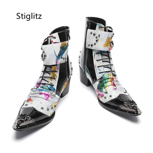 Double Buckle Graffiti Men's Boots Metal Pointed Toe Ankle Boots for Men Genuine Leather Patchwork Business Shoes with Heels