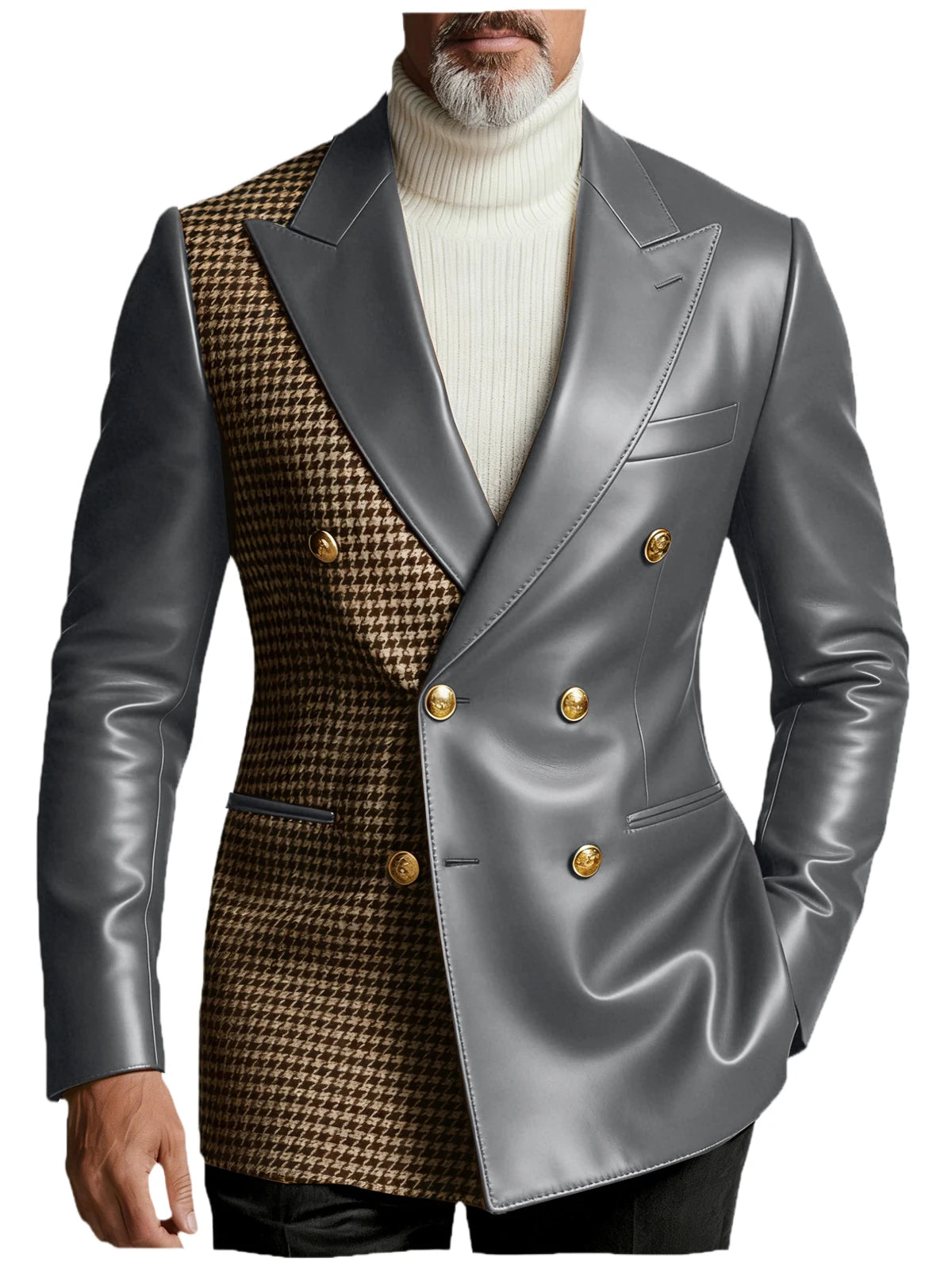 Men's Houndstooth Faux Leather Patchwork Blazer Jacket Double Breasted Peak Lapel Gold Button Slim Fit Suit For Business Casual