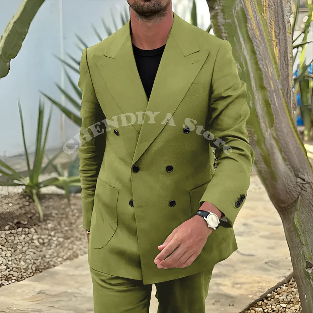 Fashion Men's Suits Black Notch Lapel Double Breasted Classic Smart Casual 2 Piece Prom Party Wedding Tuxedo Slim Costume Homme