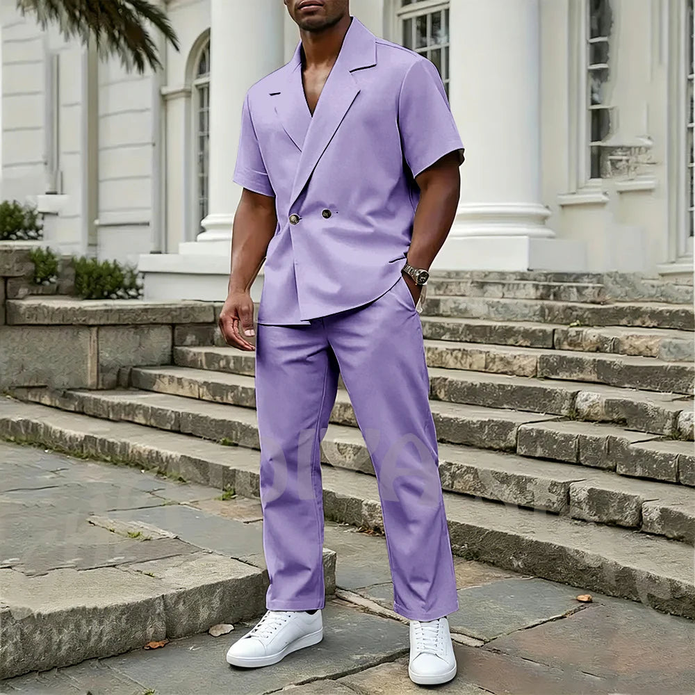 Stylish Men's 2 Piece Sets Notch Lapel Double Button Short Sleeves Blazer Suit Straight Fit Summer Casual Fashion Outfit