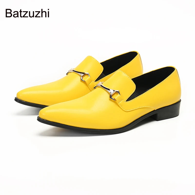 Batzuzhi Italian Style Men's Shoes Pointed Toe Men's Leather Dress Shoes Men Slip on Bright Color Party and Wedding Shoes Male