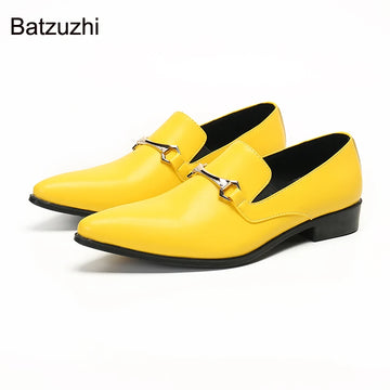 Batzuzhi Italian Style Men's Shoes Pointed Toe Men's Leather Dress Shoes Men Slip on Bright Color Party and Wedding Shoes Male