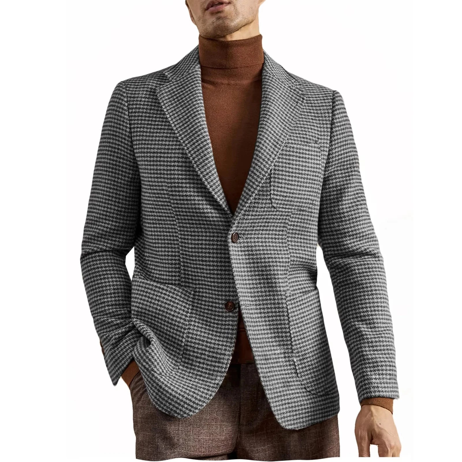Men's Houndstooth Blazer Luxury Peak Lapel Slim Fit Wool Blend Suit Jacket For Classic Business Casual Fall Winter with Pockets