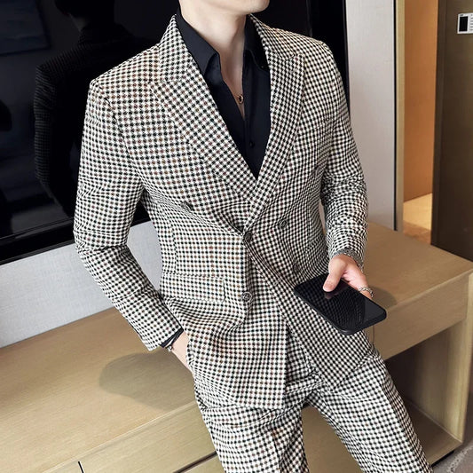 British Style Double Breasted Houndstooth Mens Suits 2 Pieces Wedding Tuxedos Vintage Fit Formal Groom Wear Tweed Jacket+Pants