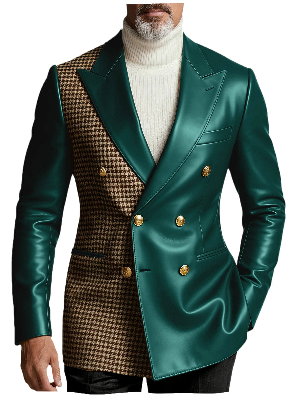 Men's Houndstooth Faux Leather Patchwork Blazer Jacket Double Breasted Peak Lapel Gold Button Slim Fit Suit For Business Casual