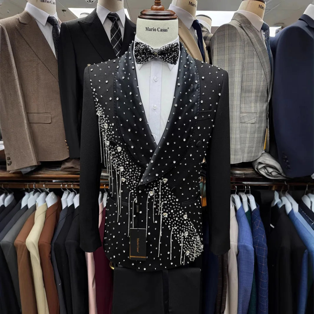Fashionable New Men's Hand-stitched Suit and Evening Gown 2-piece Set Blazer Classique, Gilet, Pantalon, Cristaux, Costumes