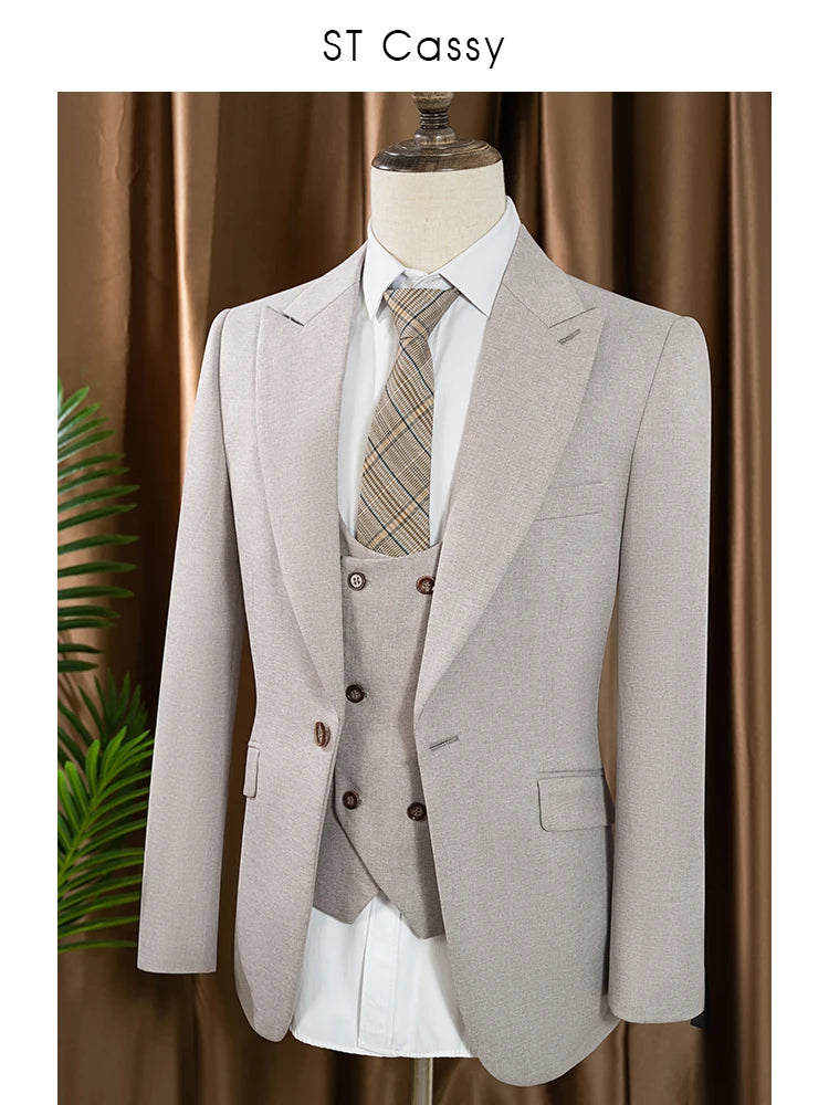 ST Cassy Men's three piece suit elegant slim fit formal office and leisure banquet groomsman set groom's wedding dress