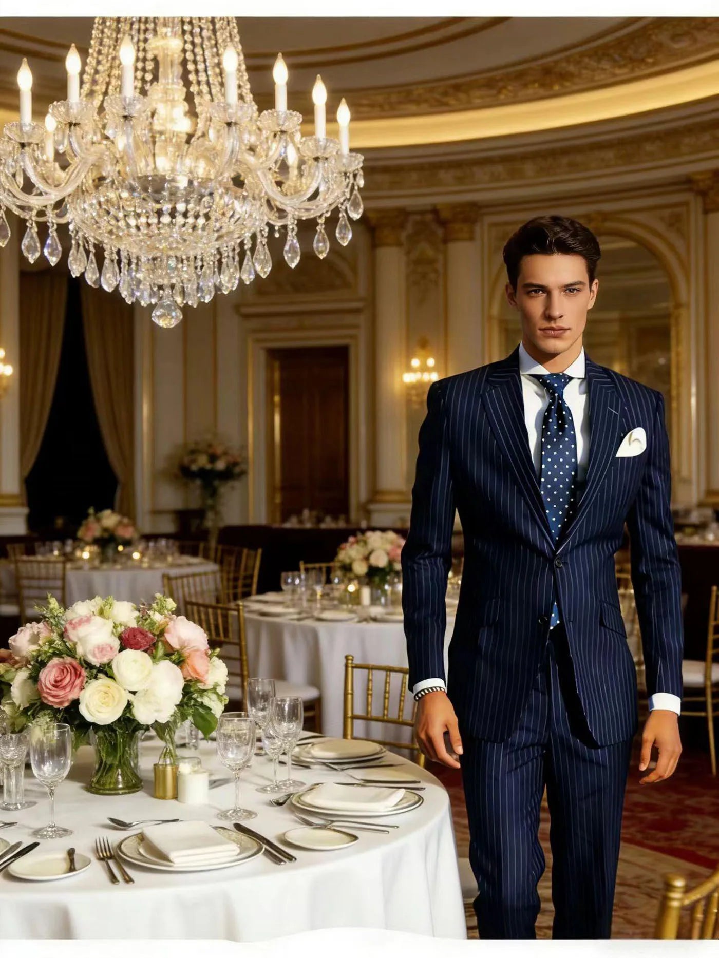 Mens Pinstripe Suit Tuxedo 2-Piece Slim Fit Blazer Pants Set Formal Business Wedding Jacket Trousers For Spring
