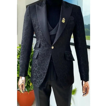 Luxury Bespoke Black Floral Men Suits 3 Pieces  Tuxedo Texture Style Suits Wedding Party Suits Formal Fashion Man Wear