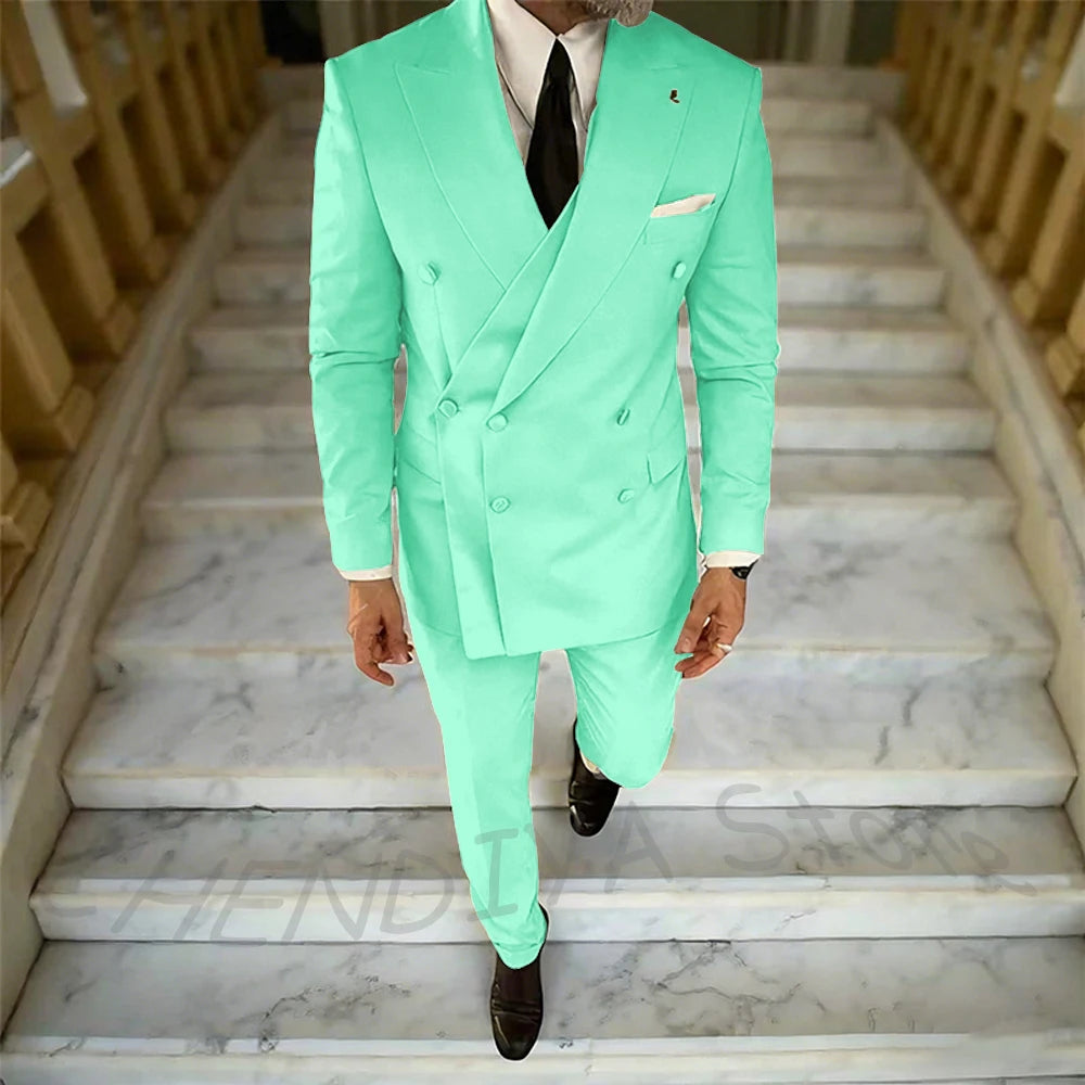 High Quality Peaked Lapel Suit For Men Double Breasted Gentleman Wedding Groom Tuxedo Custom Man Fashion Clothes Set Two Pieces
