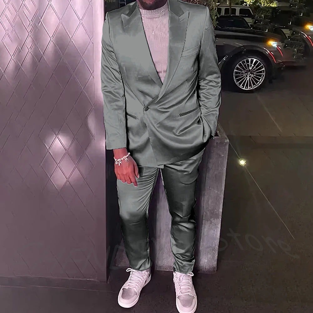 Silver Satin Men Suits 2 Piece Chic Peak Lapel Casual Daily Suit Single Button Formal Evening Party Tuxedo (Blazer+Pants)