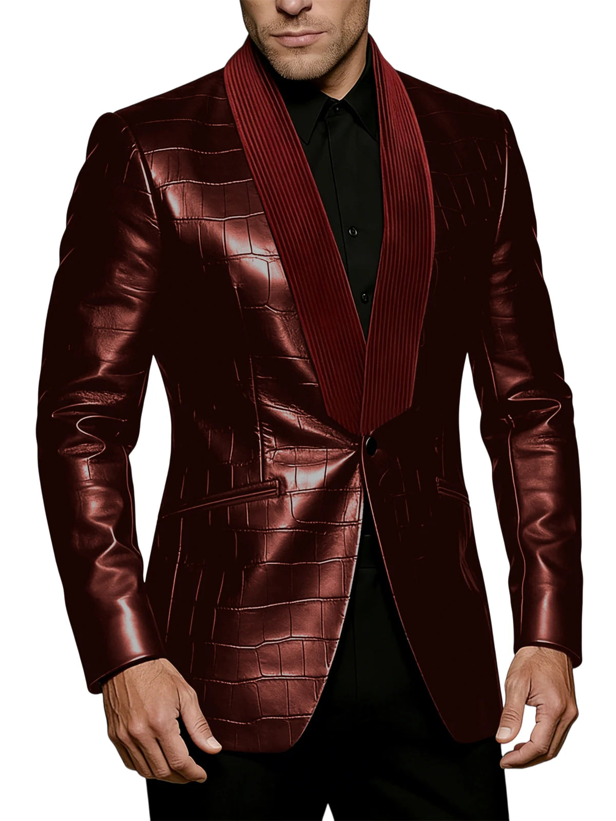 Men's Crocodile Pattern Leather Blazer Corduroy Patchwork 1 Button Shawl Collar Suit Jacket Slim Fit Business Formal Outerwear