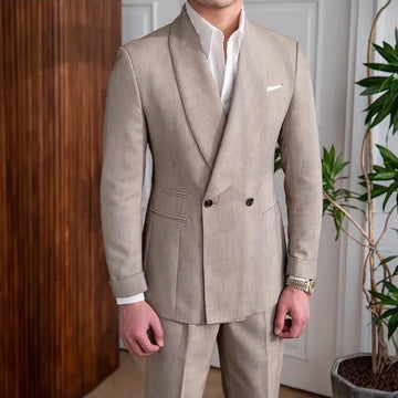 Men's Linen Suit 2-Piece Khaki Shawl Collar Double-Breasted Slim Fit Breathable Jacket and Pants Formal Set for Summer Business
