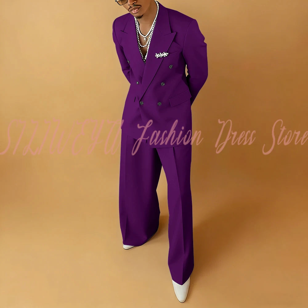 Double Breasted Men Solid Color Suit 2 Pieces Jacket Pants Business Casual Social Party Male Clothing Best Man Costumes Hommes