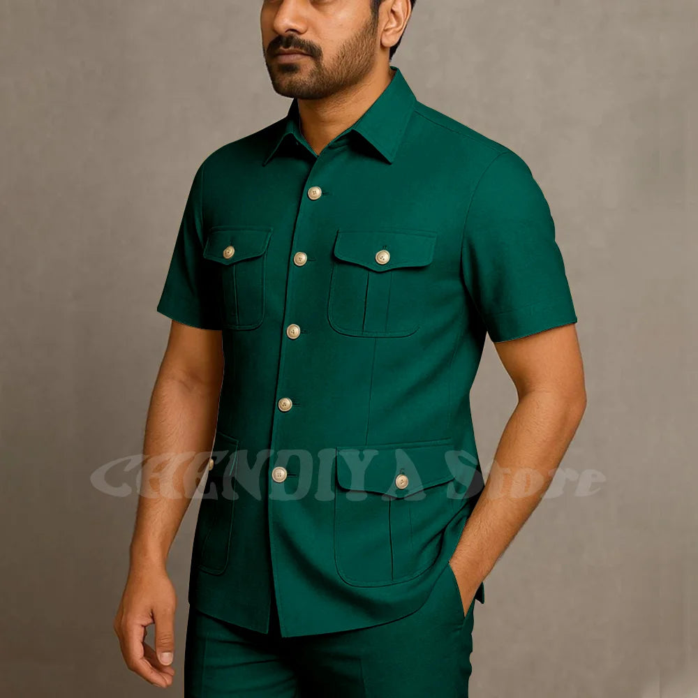 Solid Color Men Suits Safari Style Stand Collar Single Breasted Slim Fit Outfits Smart Casual Office Work Social Daily Set