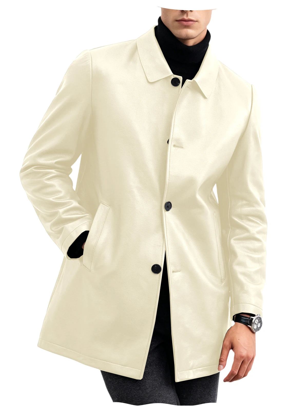 Men Premium Leather-Like Trench Coat Turn-Down Collar Single Breasted Mid-Length Overcoat Classic Slim Fit Business Casual Wear