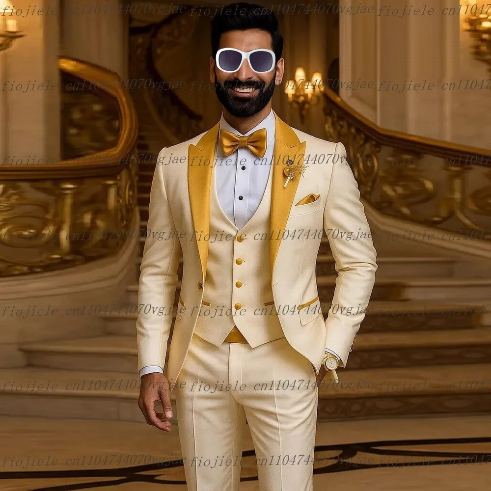 Ivory And Yellow Men Suit Formal Wedding Party Groom Groomsman Business Male Tuxedos Customized 3 Piece Set Jacket Vest Pants
