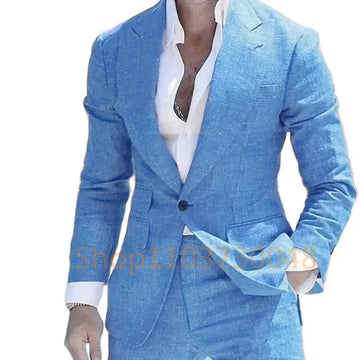 2 PieceCasual Light Blue Linen Men Suit Slim Fit Peak Lapel One Button Blazer with Pants High Quality  Summer Prom Costume Homme