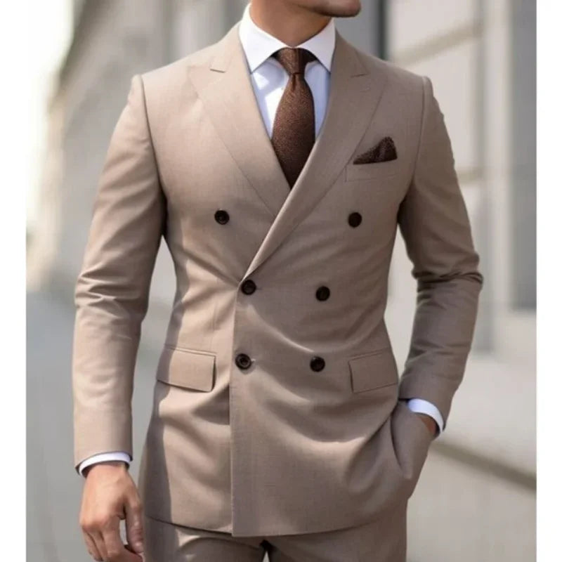 2 piece jacket Pants Men's suit Travel Business Double breasted peaked lapel casual men's suit