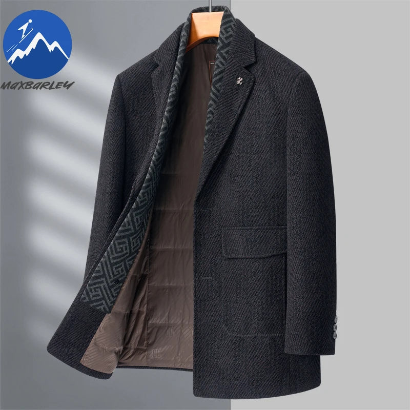 Maxbarley Winter Woolen Coat Men High-end Designer Detachable Goose Down Lined Warm Jacket Business Party Slim Fit Long Overcoat