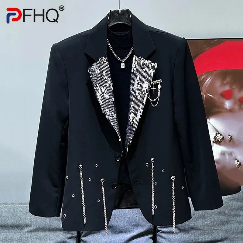 PFHQ Men's Suit Jacket New Metal Chain Decorative Sequin Splicing Design Autumn Winter Fashion Versatile Male Tops 21Z6072