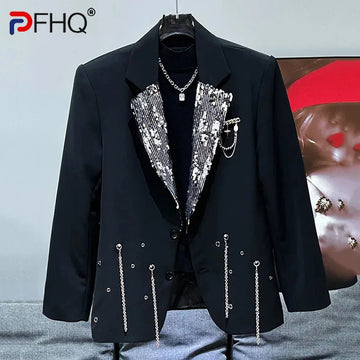 PFHQ Men's Suit Jacket New Metal Chain Decorative Sequin Splicing Design Autumn Winter Fashion Versatile Male Tops 21Z6072