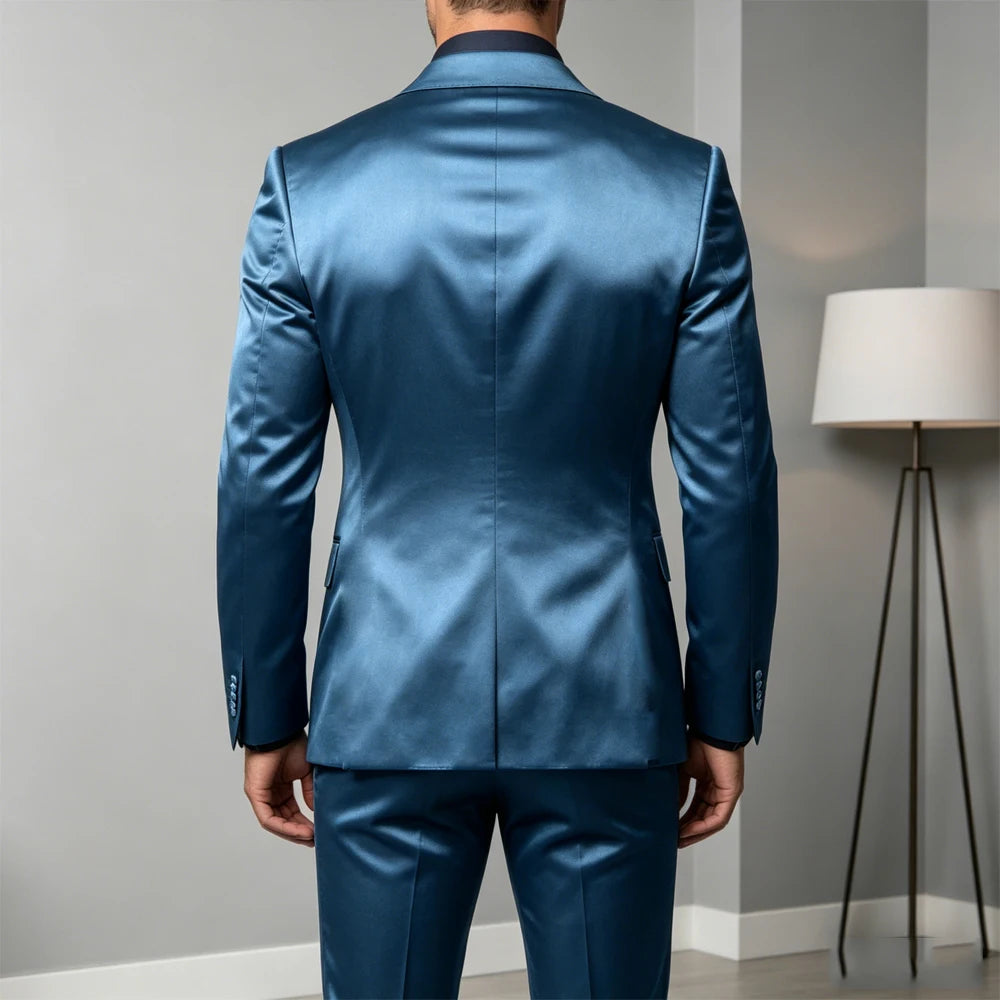 Men's Satin 2-Piece Suit Set Slim Fit Peak Lapel Tuxedo Blazer With Straight Leg Pants For Wedding Party Formal Wear