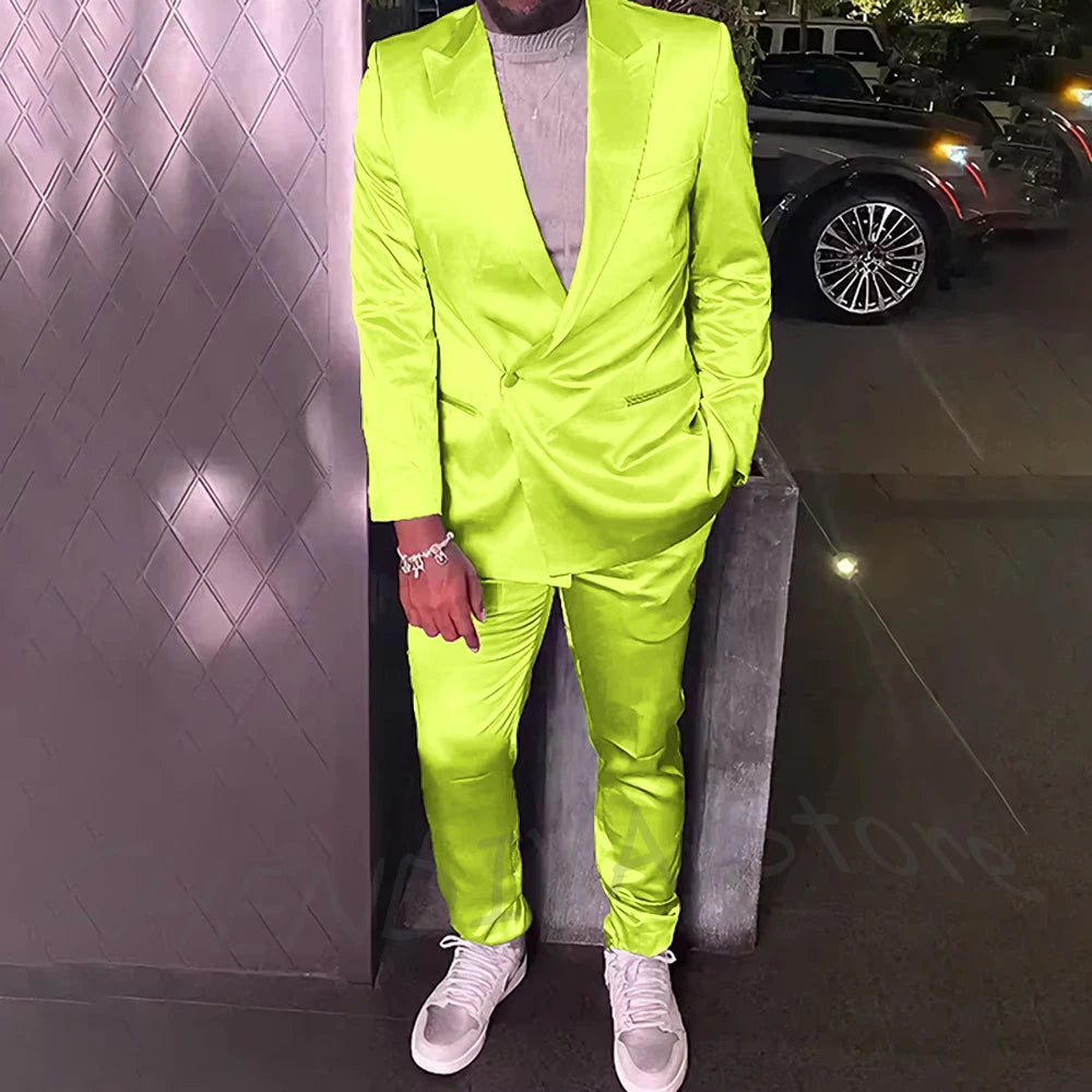 Silver Satin Men Suits 2 Piece Chic Peak Lapel Casual Daily Suit Single Button Formal Evening Party Tuxedo (Blazer+Pants)