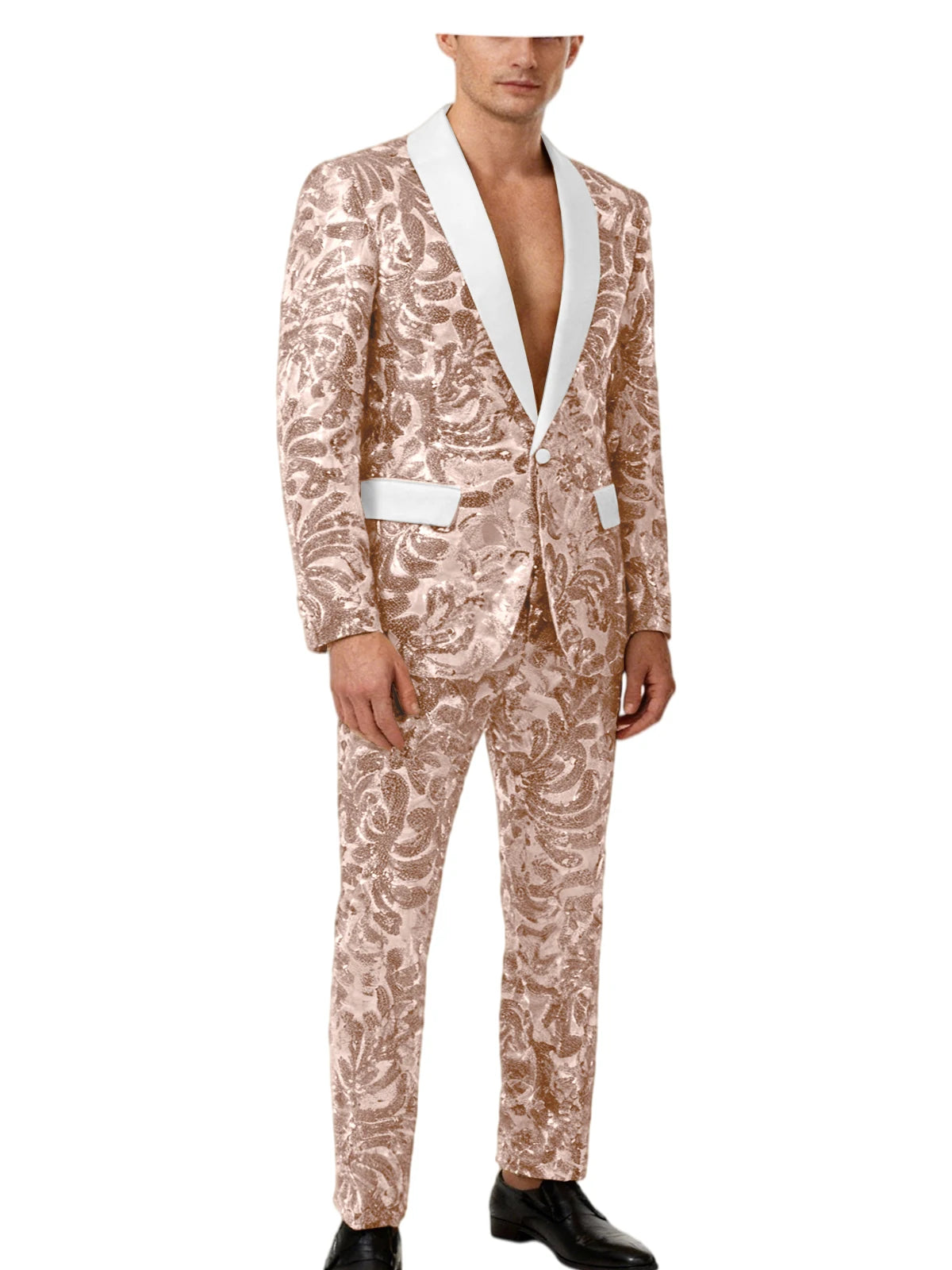 Men's Sequin Paisley Tuxedo Set Suit White Satin Shawl Lapel Slim Fit 2 Piece Blazer+Pants For Wedding Prom Party Suit Plus Size