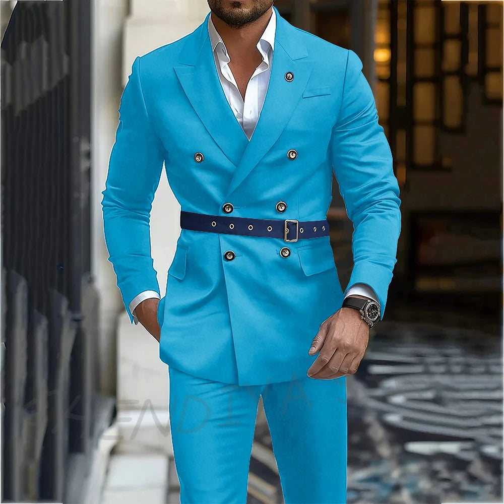 Navy Blue Men's Suit Classic Peak Lapel Blazer Double Breasted Formal Set Two Piece Business Casual Male Clothing Without Belt