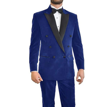 2-Piece Men's Royal Blue Velvet Suit Peak Lapel Double Breasted Blazer Groom Tuxedos Dinner Party Jacket & Pants