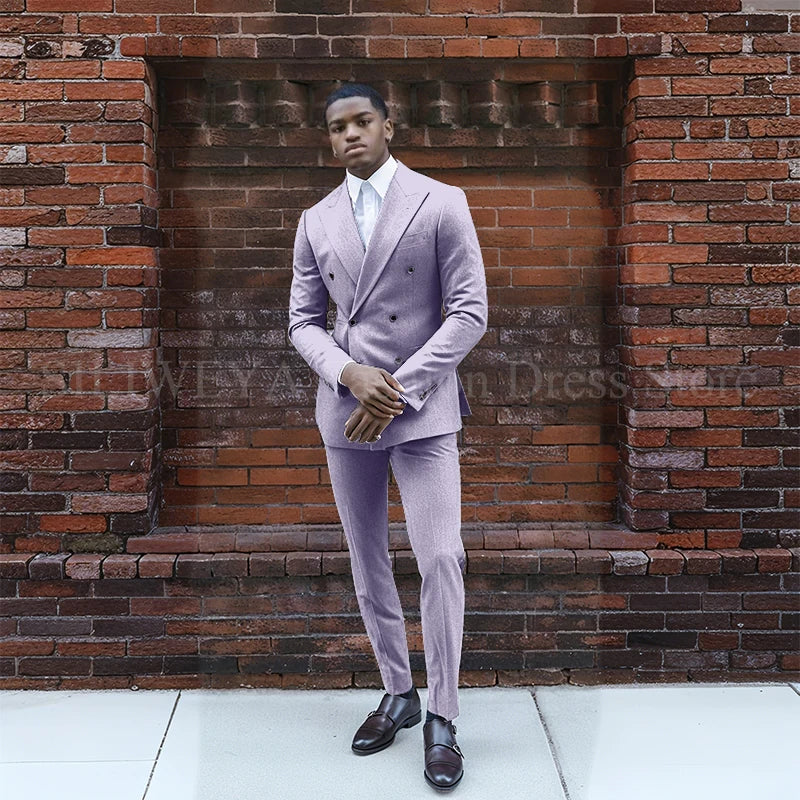 Grey Double Breasted Men's Suit 2 Pieces Jacket Pants Business Casual High Quality Office Stylish Male Clothing