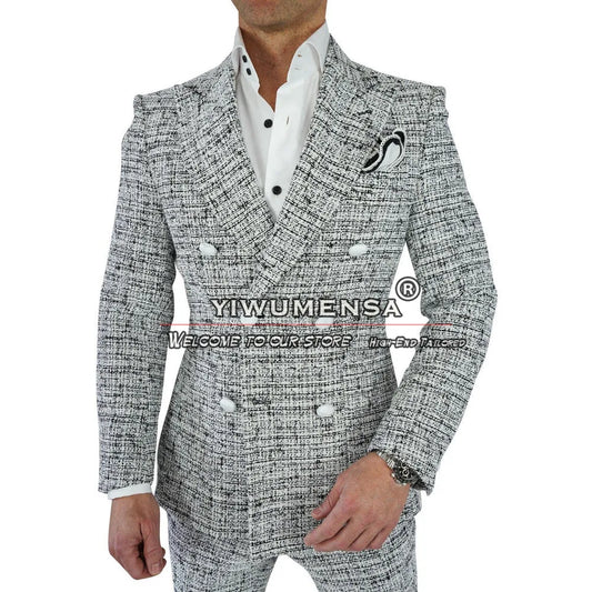 Tweed Wool Business Suits Men Slim Fit Fit Double Basted Jacket Troushers 2 peças Tuxedos de casamento noivo Casaco de moda masculina