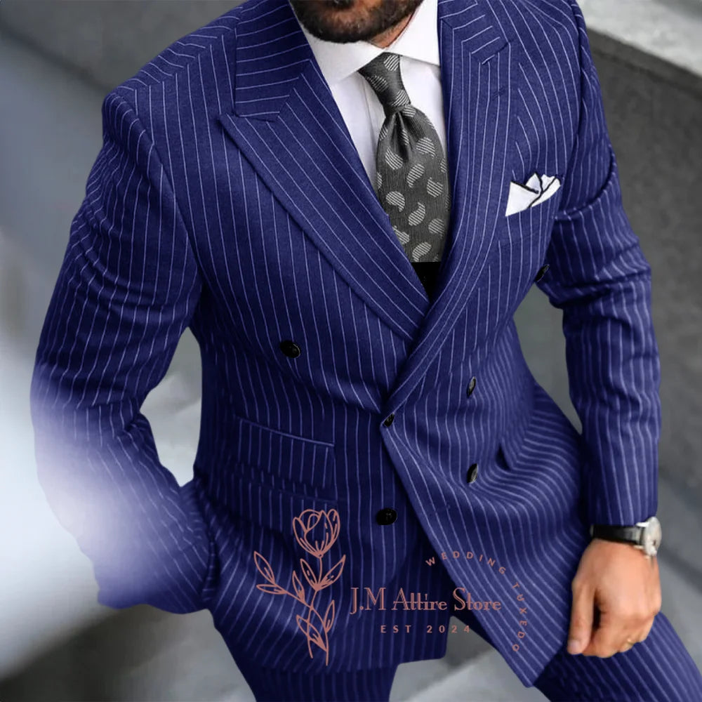 Men's Striped Grey Terno Set - 2 Piece Suit Jacket And Pants Formal Wear for Wedding Dance Dinner Trench Coat Style