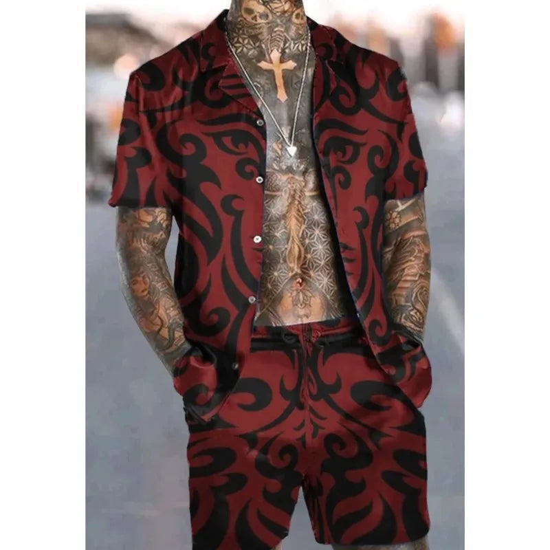 Fashion Men Sets Print Lapel 3D Print Short Sleeve Casual Hawaiian Shirt Beach Shorts 2 Pcs Set Vacation Hawaiian Man Suits