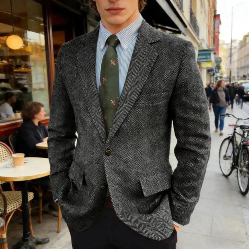 Men's Grey Herringbone Tweed Blazer Classic-Fit Notched Lapel Casual Jacket Slim Fit Business Wedding Suit Coat Plus Size