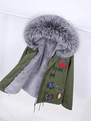 Winter Women's Embroidered Army green Parka Coat Warm Natural Fur Collar Women's Jacket Outerwear