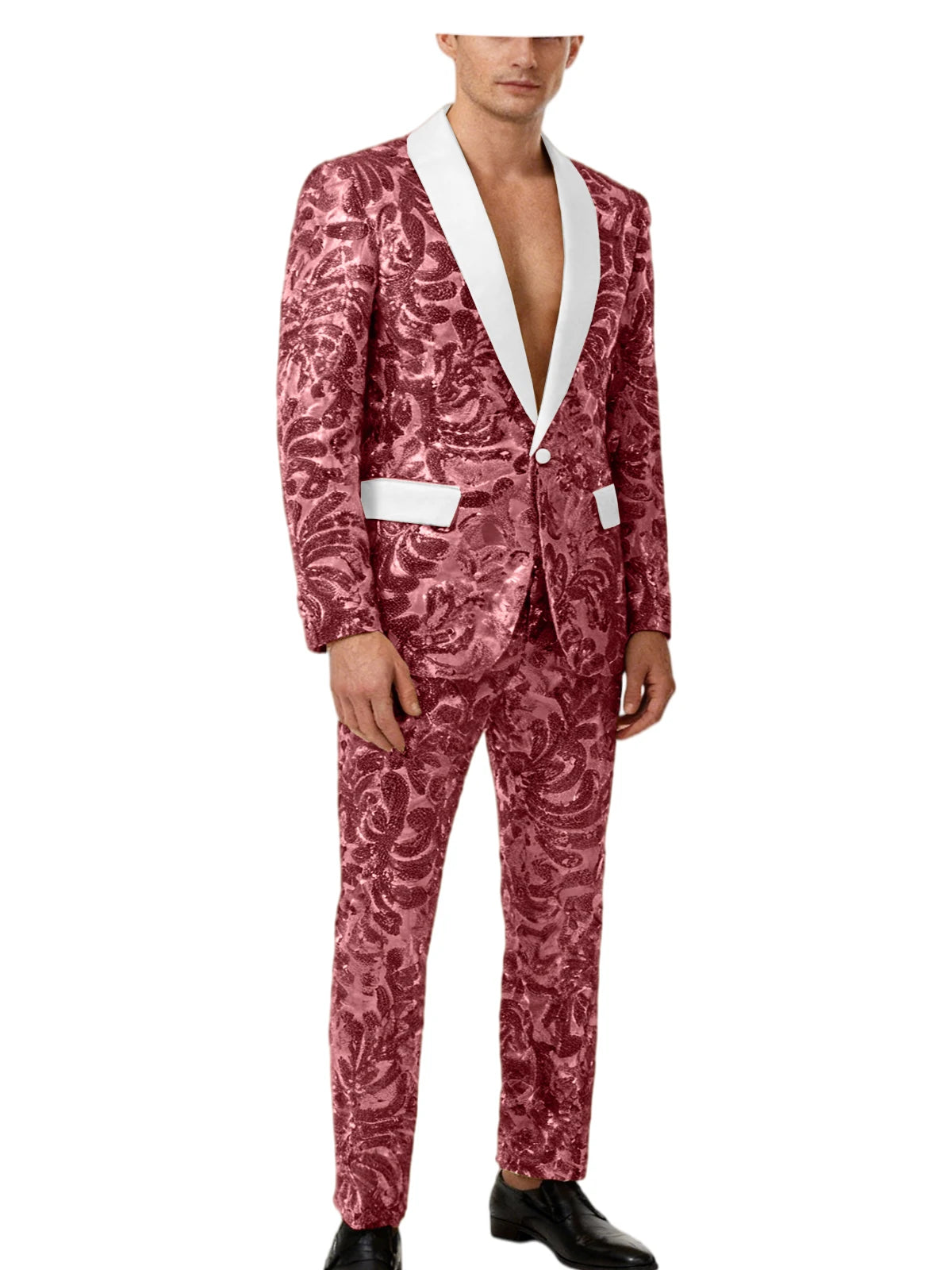 Men's Sequin Paisley Tuxedo Set Suit White Satin Shawl Lapel Slim Fit 2 Piece Blazer+Pants For Wedding Prom Party Suit Plus Size