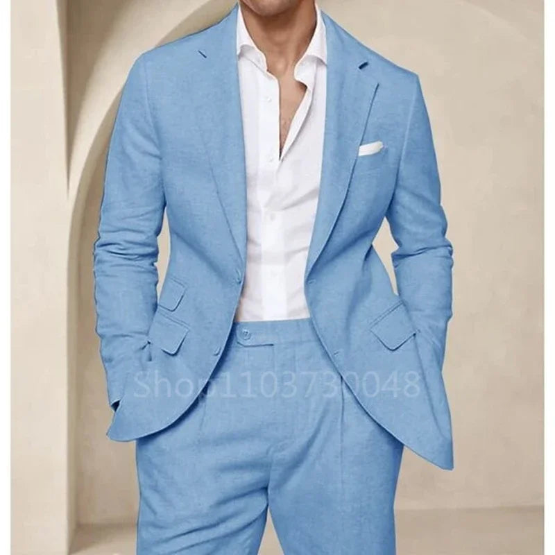 2 Piece High QualityBlue/Beige Linen Men Suit Smart Casual Single Breasted Slim Fit Notch Lapel Blazer with Pants Costume Homme