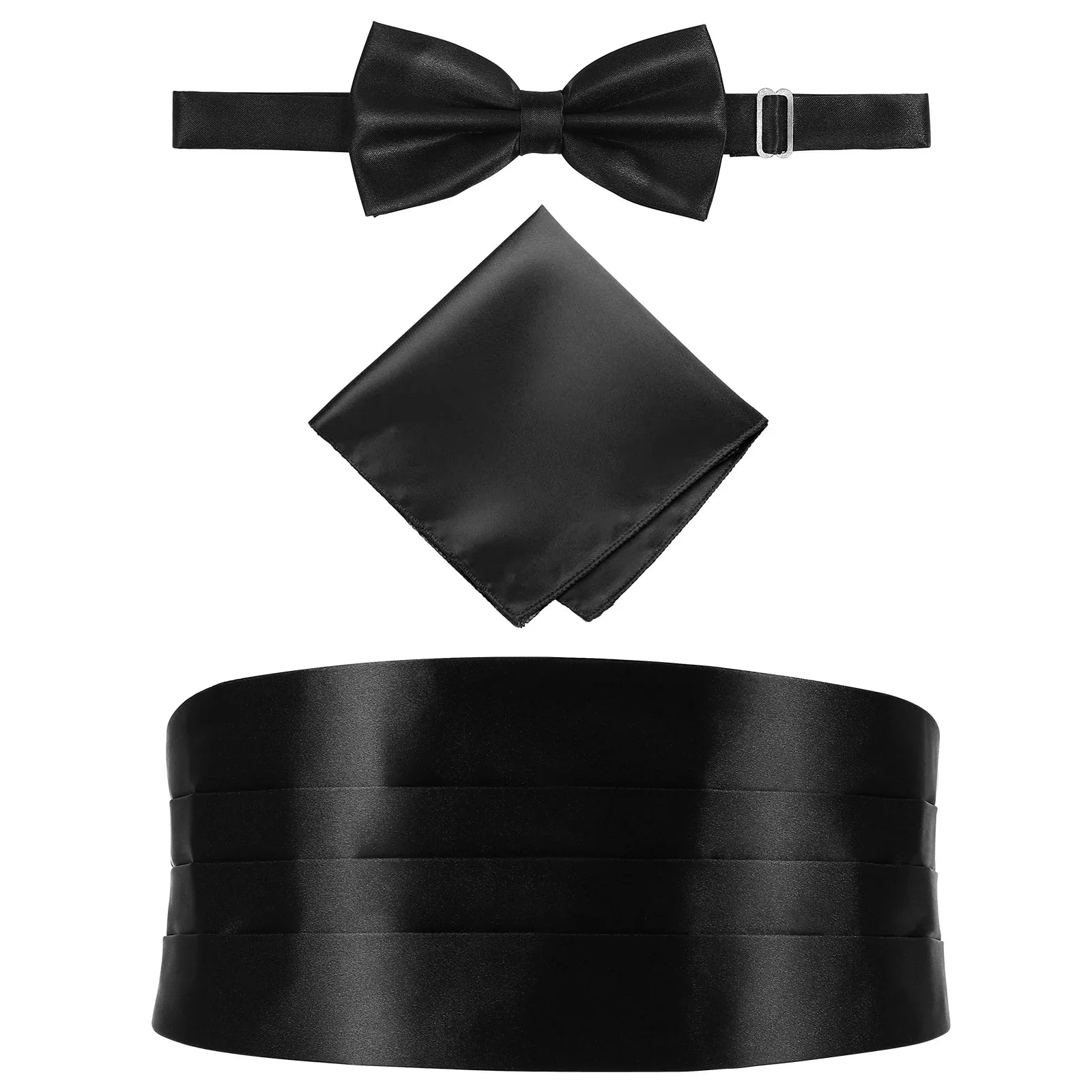 Men Bow Tie Ties Set Cumberbund Black Mens Cummerbund Holiday Bowties Sets Bowtie Fashion Smooth Tuxedo Handkerchief Set,