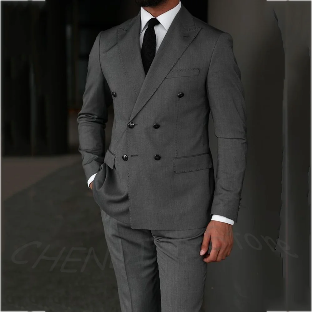 Italy Style Handsome Men Suit Solid Grey Peaked Lapel Blazer Set Slim Fitted Double Breasted Elegant Formal Two Pieces Set