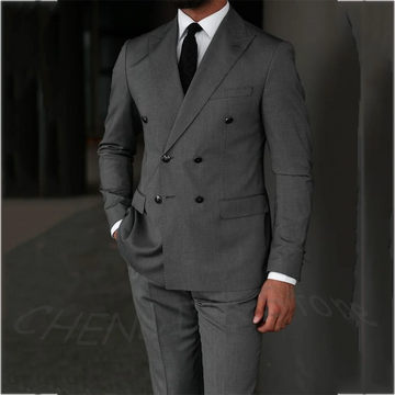 Italy Style Handsome Men Suit Solid Grey Peaked Lapel Blazer Set Slim Fitted Double Breasted Elegant Formal Two Pieces Set