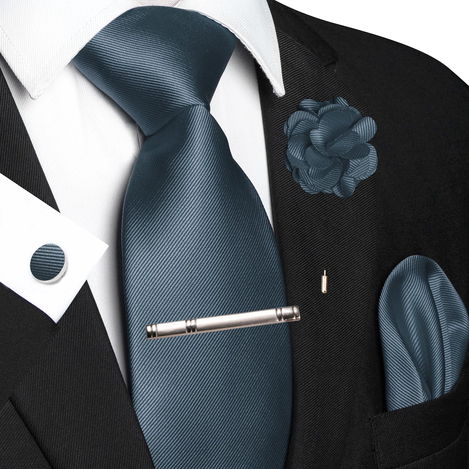 JEMYGINS Blue Solid Wedding Tie For Men Handky Cufflink Brooch Gift Mens Elegant Necktie Fashion Business Party Dropshiping