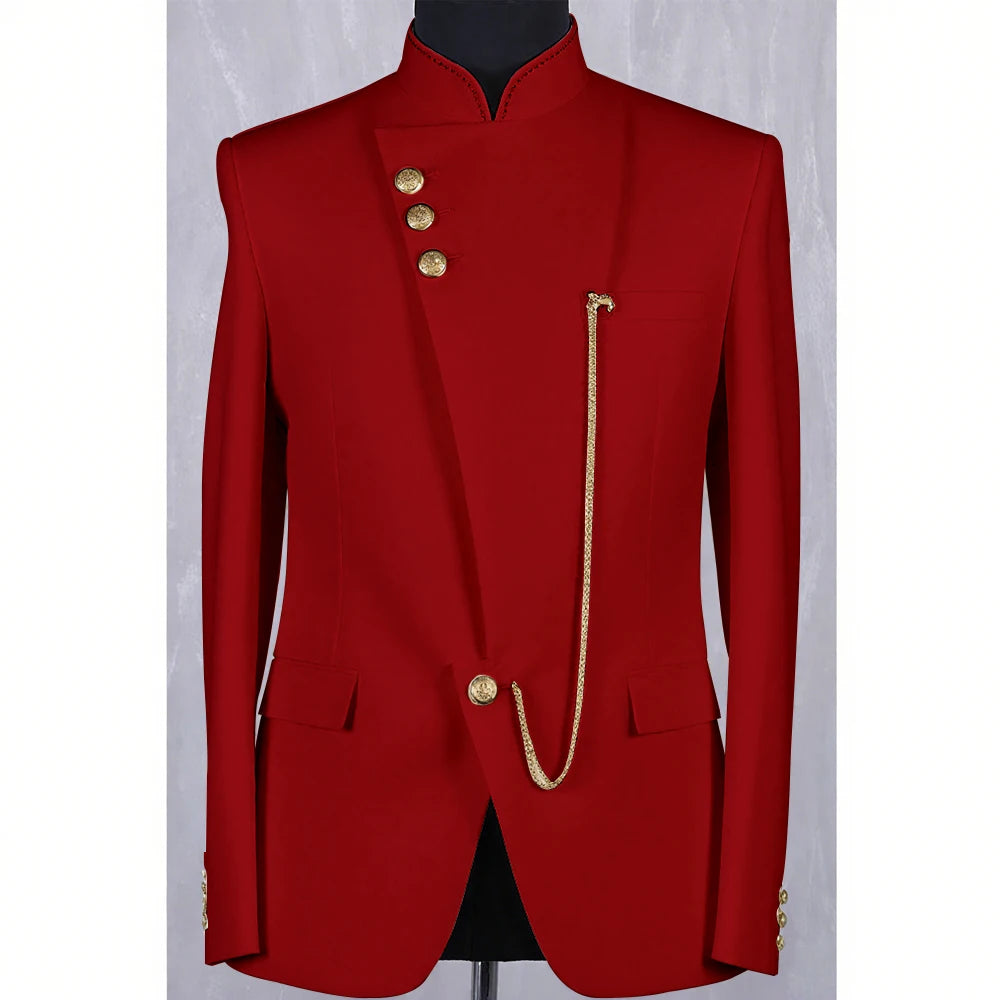 High Quality Blue Men Suit Casusl Blazer Single Breasted Stand Collar African Slim Fit Modern Style Outfits Jacket Pants